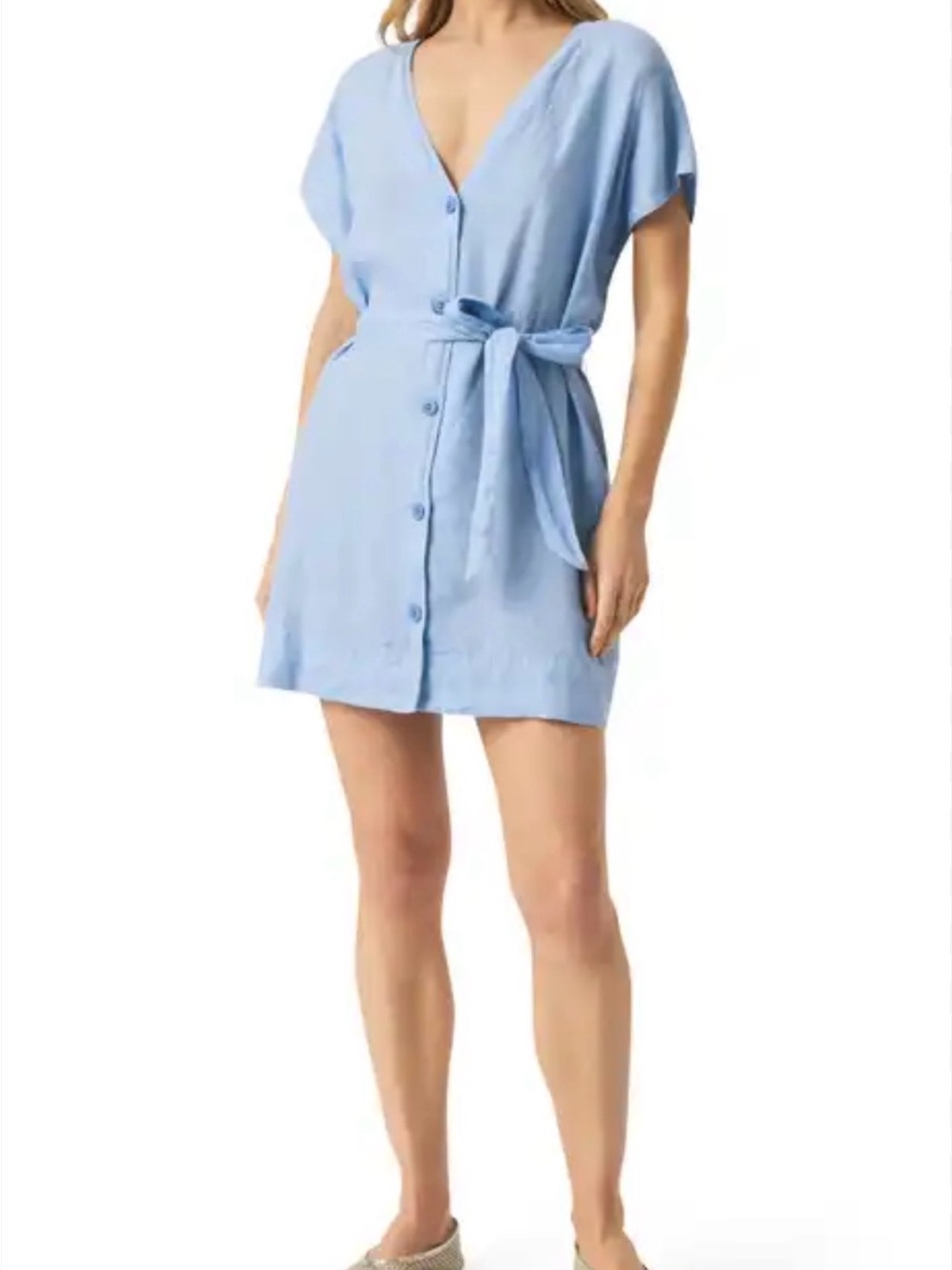 Splendid 100% Linen Melanie Shirt Dress Blue Button Front Tie Waist Coastal